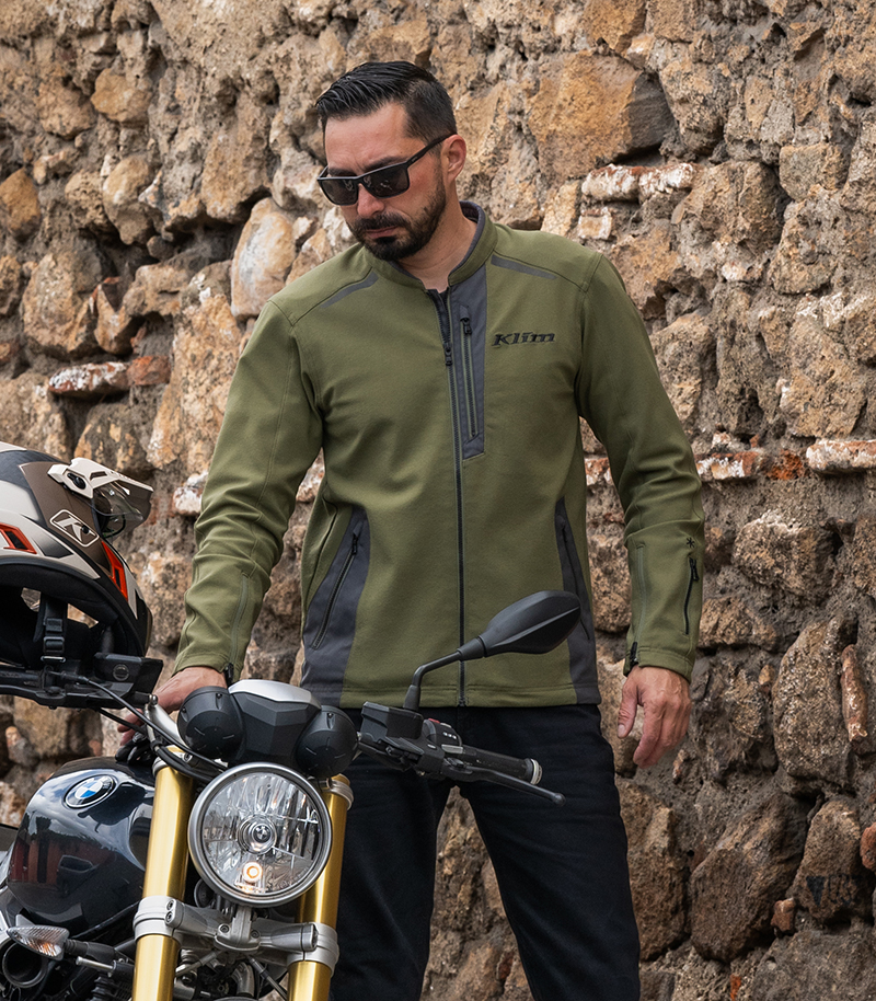 Guy wearing Klim Marrakesh jacket in green